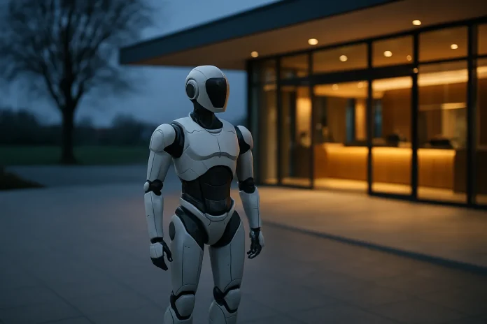Robots in hotels and airports: the EU and Spanish rules that govern selling them in Spain Illustration: generic humanoid robot in front of a modern building, linked to robotic reception services in hotels and airports