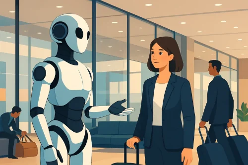 Robot humanoïde assistant les voyageurs dans un hall d'accueil moderne et lumineux