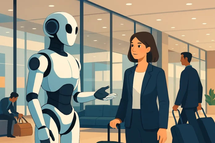 Robots dans les hôtels et aéroports : quatre régimes juridiques simultanés à respecter en Espagne Robot humanoïde assistant les voyageurs dans un hall d'accueil moderne et lumineux