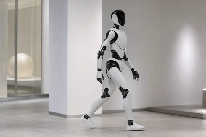 Robots humanoïdes : Tesla, Figure, XPeng et Unitree multiplient les investissements avec 2027 en ligne de mire Illustration : robot humanoïde générique en marche, en lien avec les investissements dans les capacités d'entraînement et de déploiement industriel