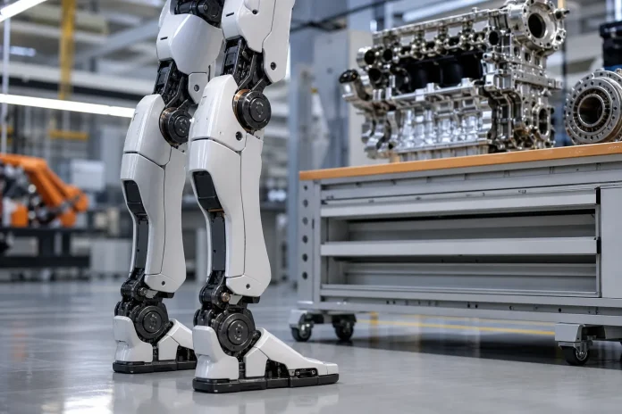 Südkoreas Autozulieferer: 71 % der Befragten planen Robotik-Einstieg – Experten raten zu Teilen statt ganzen Robotern Illustration: Beine eines generischen humanoiden Roboters in industrieller Umgebung, im Zusammenhang mit dem Einstieg von Autozulieferern in die Robotik