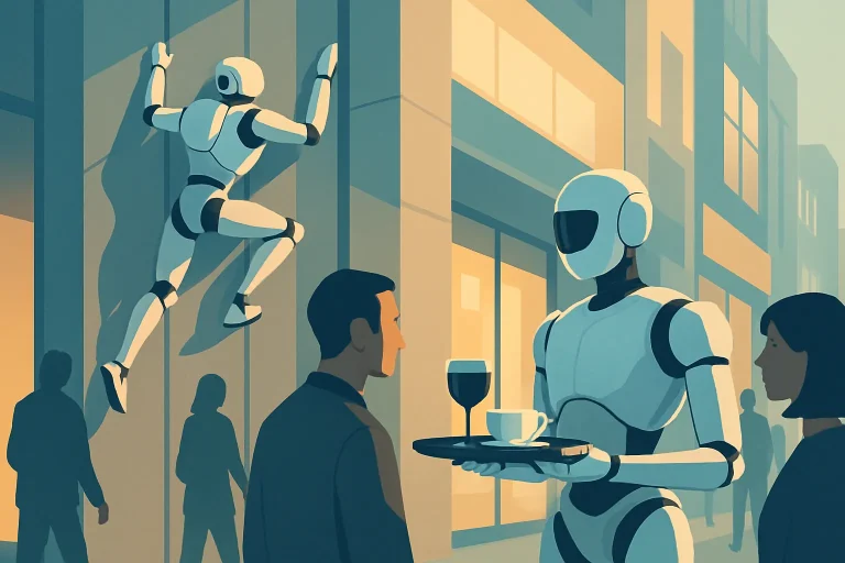 Robot humanoïde grimpant une paroi tandis qu'un autre serveur robot présente des articles à des visiteurs