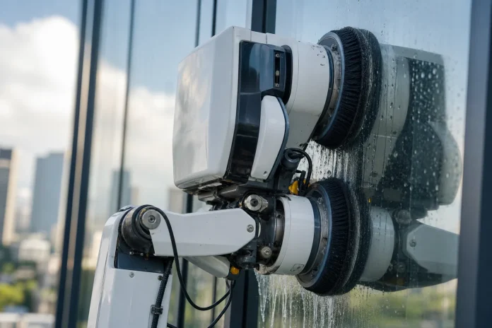 Robots nettoyeurs de vitres : Ecovacs domine un marché en hausse de 59,8 % et participe à sa première norme Illustration : robot nettoyeur de vitres générique fixé sur une vitre en hauteur, en lien avec la progression du marché mondial de ces appareils