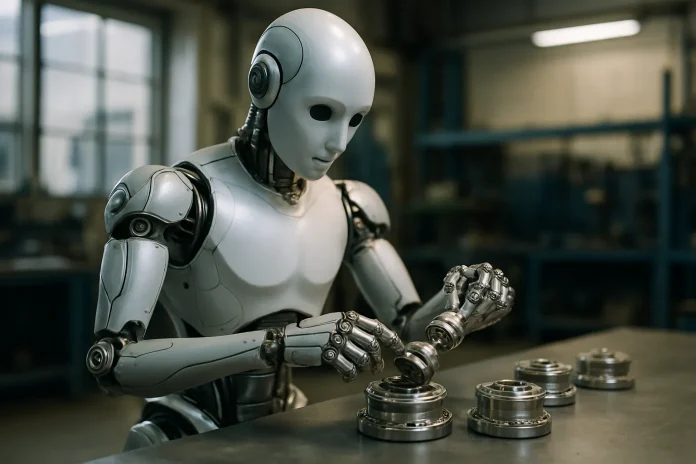 Schaeffler ouvre en Chine une usine où six robots humanoïdes assemblent des articulations pour d'autres robots Illustration : robot humanoïde générique assemblant des pièces métalliques circulaires, en lien avec la fabrication d'actionneurs pour robots