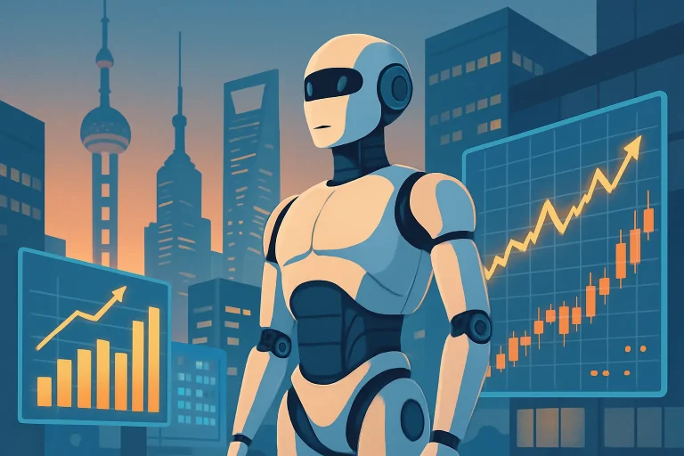 Robot humanoide dans un environnement urbain futuriste avec écrans numériques et graphiques financiers lumineux