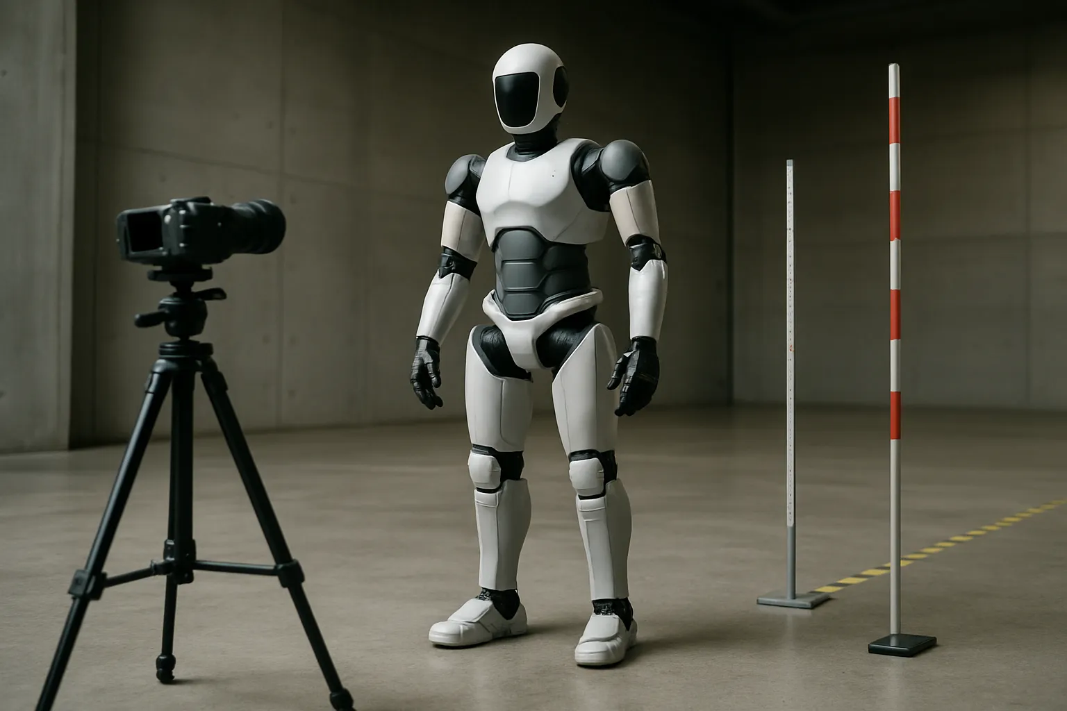 Illustration: generic humanoid robot during an obstacle detection test with a camera and a measuring beacon