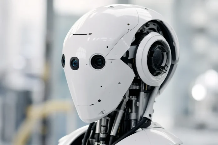 TheoHand NOVA 21: Roboterhand mit 21 Freiheitsgraden soll mit vier Fingern über 200 N Greifkraft erreichen Illustration: generischer Kopf eines humanoiden Roboters mit optischen Sensoren und sichtbarer Mechanik, als Bezug zur Forschung in der fortgeschrittenen Robotik
