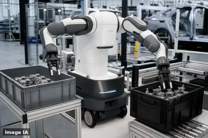 Toyota erwägt Berichten zufolge 400.000 Roboter ab 2028, Humanoid Eley soll Handgriffe von Werkern lernen Illustration: mobiler Industrieroboter auf Rädern mit Zwei-Finger-Greifern, vergleichbar mit Eley, den Toyota für seine Fabriken entwickelt