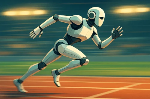 Robot humanoïde en pleine course sur une piste d'athlétisme, franchissant la ligne d'arrivée