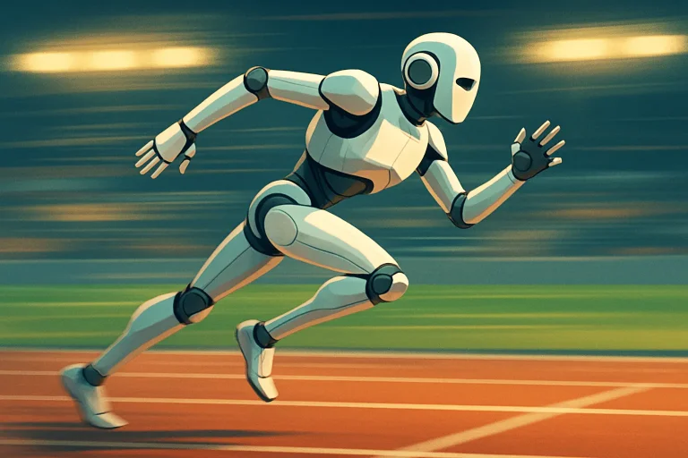Robot humanoïde en pleine course sur une piste d'athlétisme, franchissant la ligne d'arrivée