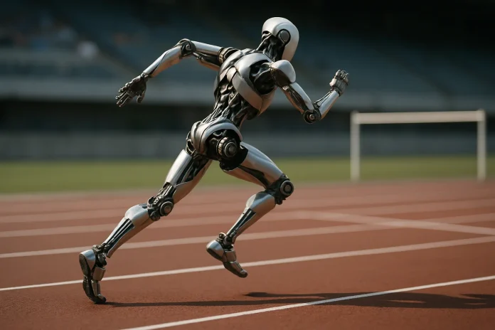 Chinese humanoid robot runs 100 metres in 9.39 seconds at the World Humanoid Robot Games in Beijing Illustration: generic humanoid robot running on an athletics track, related to the sprint demonstrations at the World Humanoid Robot Games