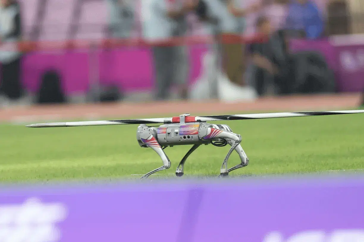 Articulated quadruped robot moving across a stadium lawn, with a javelin lying on the ground in the background