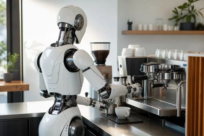 Barisbrew: XYZ will Menschen mit Behinderung nach der Ausbildung bei der eigenen Café-Gründung begleiten Illustration: humanoider Roboter bedient eine professionelle Kaffeemaschine, zum Thema Automatisierung der Getränkezubereitung