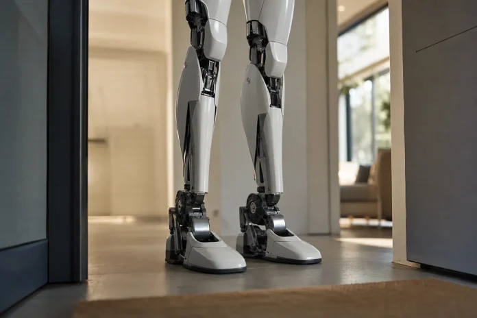 Yunji und Alibaba: Roboter sollen Bestellungen am Hauseingang übernehmen und bis zur Wohnungstür bringen Illustration: Beine und Füße mit Gelenken eines generischen humanoiden Roboters im Zusammenhang mit dem Einsatz von Lieferrobotern in Wohngebäuden