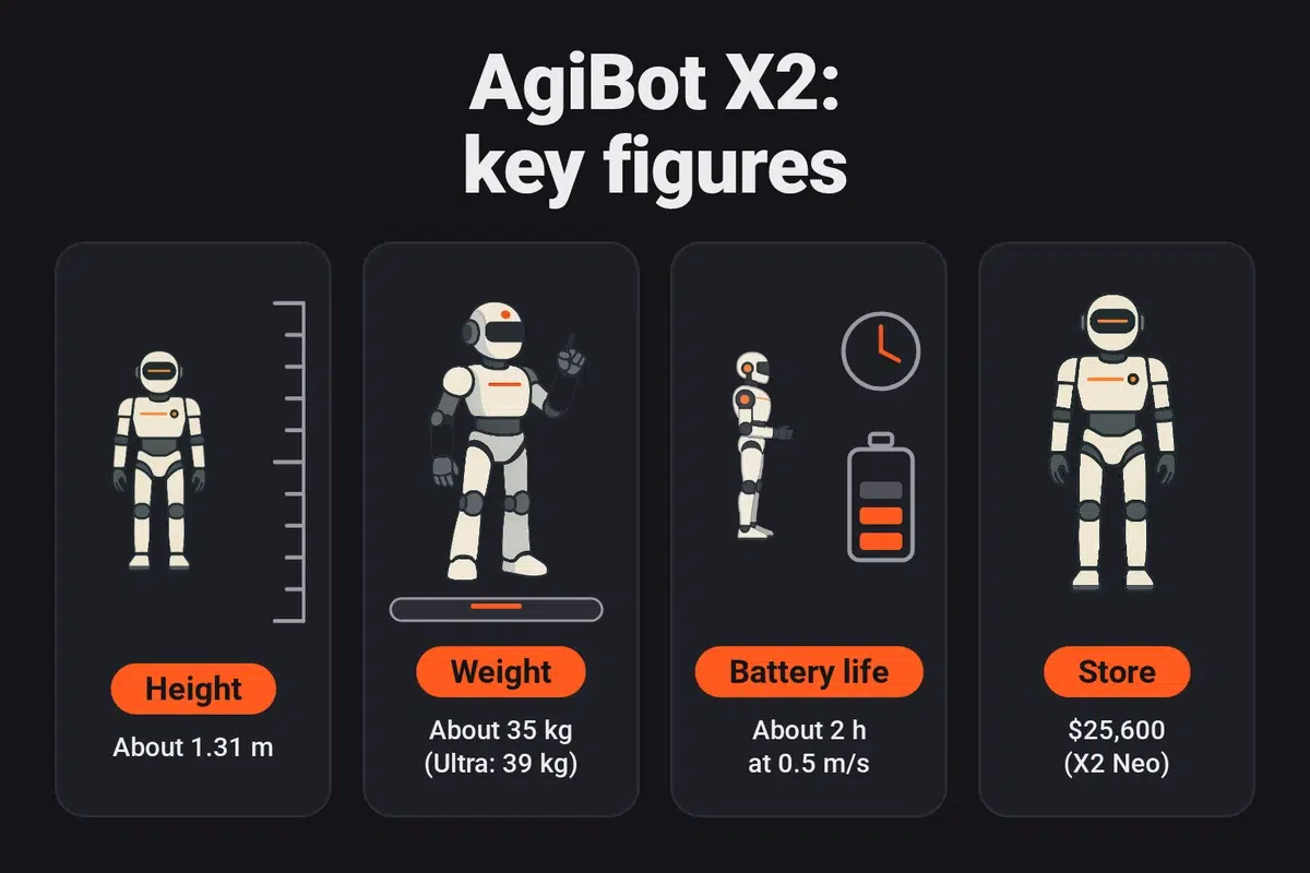 AgiBot X2 key figures: about 1.31 m tall, about 35 kg (39 kg for the Ultra), about 2 hours of battery life at 0.5 m/s and $25,600 for the X2 Neo in the official store