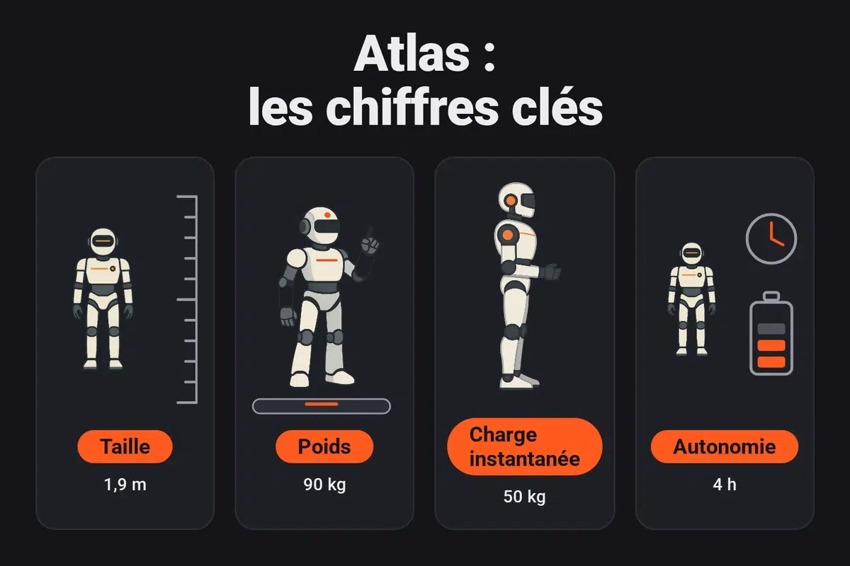 Infographie : Atlas de Boston Dynamics mesure 1,9 m, pèse 90 kg, porte 50 kg en charge instantanée et annonce 4 heures d'autonomie