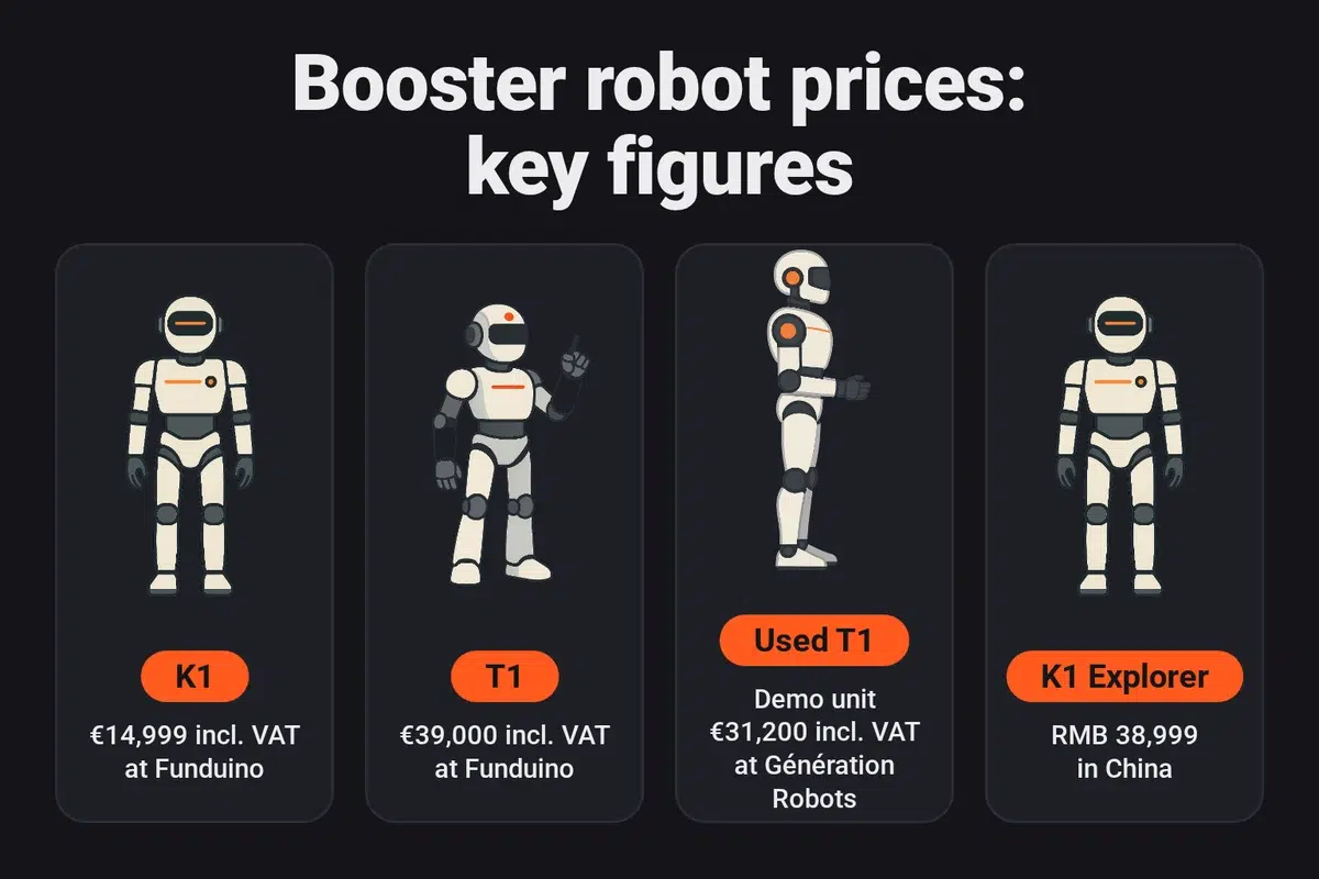 Booster robot prices by channel: the K1 at €14,999 and the T1 at €39,000 including VAT at Funduino, a used T1 demo unit at €31,200 including VAT at Génération Robots, and the K1 Explorer at RMB 38,999 in China.