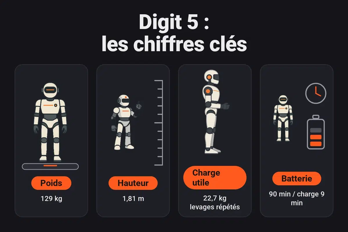 Chiffres clés du Digit 5 d'Agility Robotics : 129 kg, 1,81 m, levages répétés jusqu'à 22,7 kg, 90 minutes d'autonomie et charge en 9 minutes, selon le communiqué du 15 septembre 2026