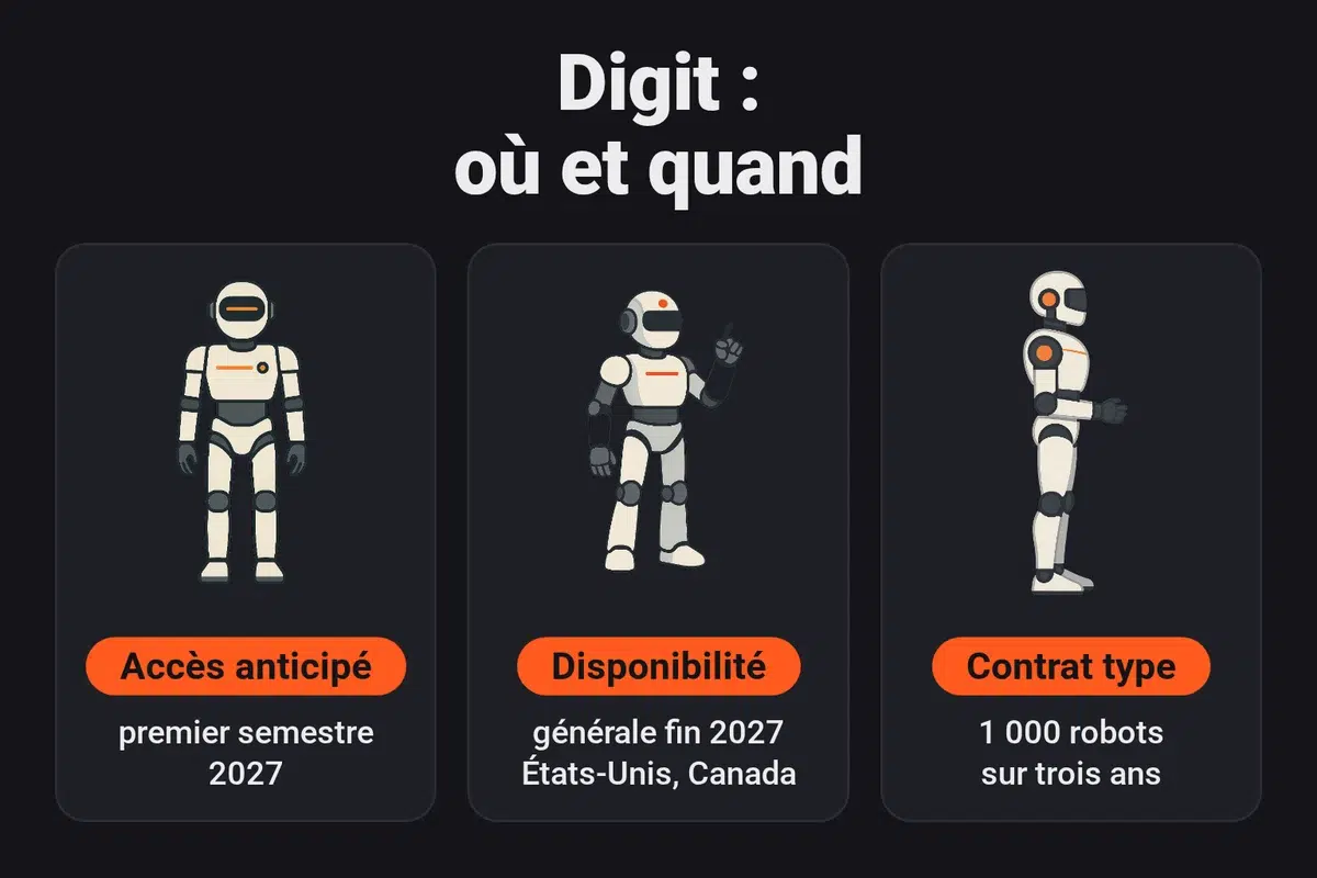 Quand et comment obtenir un Digit d'Agility Robotics : accès anticipé du Digit 5 attendu au premier semestre 2027, disponibilité générale fin 2027 aux États-Unis et au Canada, contrat de référence de 1 000 robots sur trois ans en location