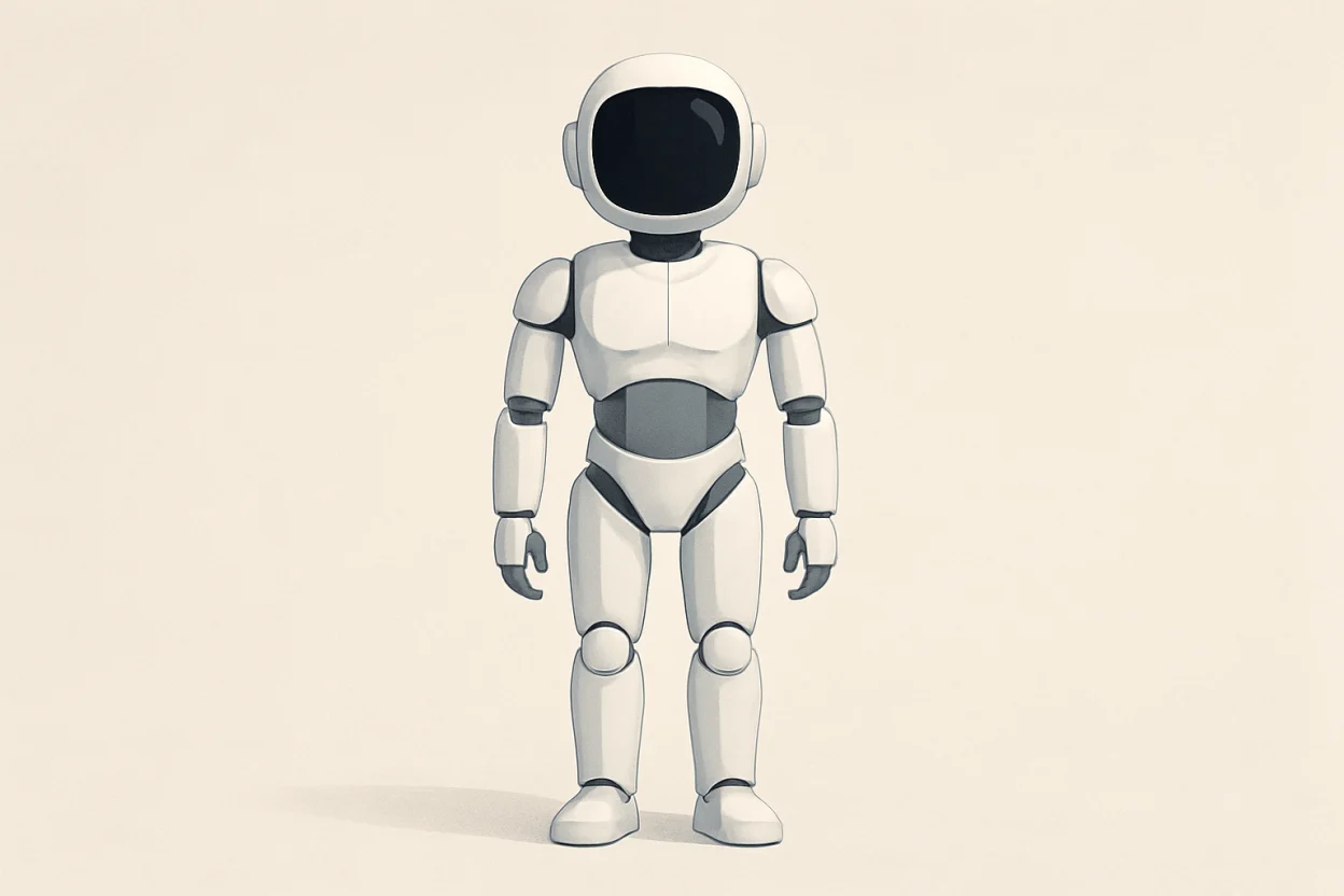 Illustration d'un robot humanoïde blanc générique à visage-écran noir, vu de face