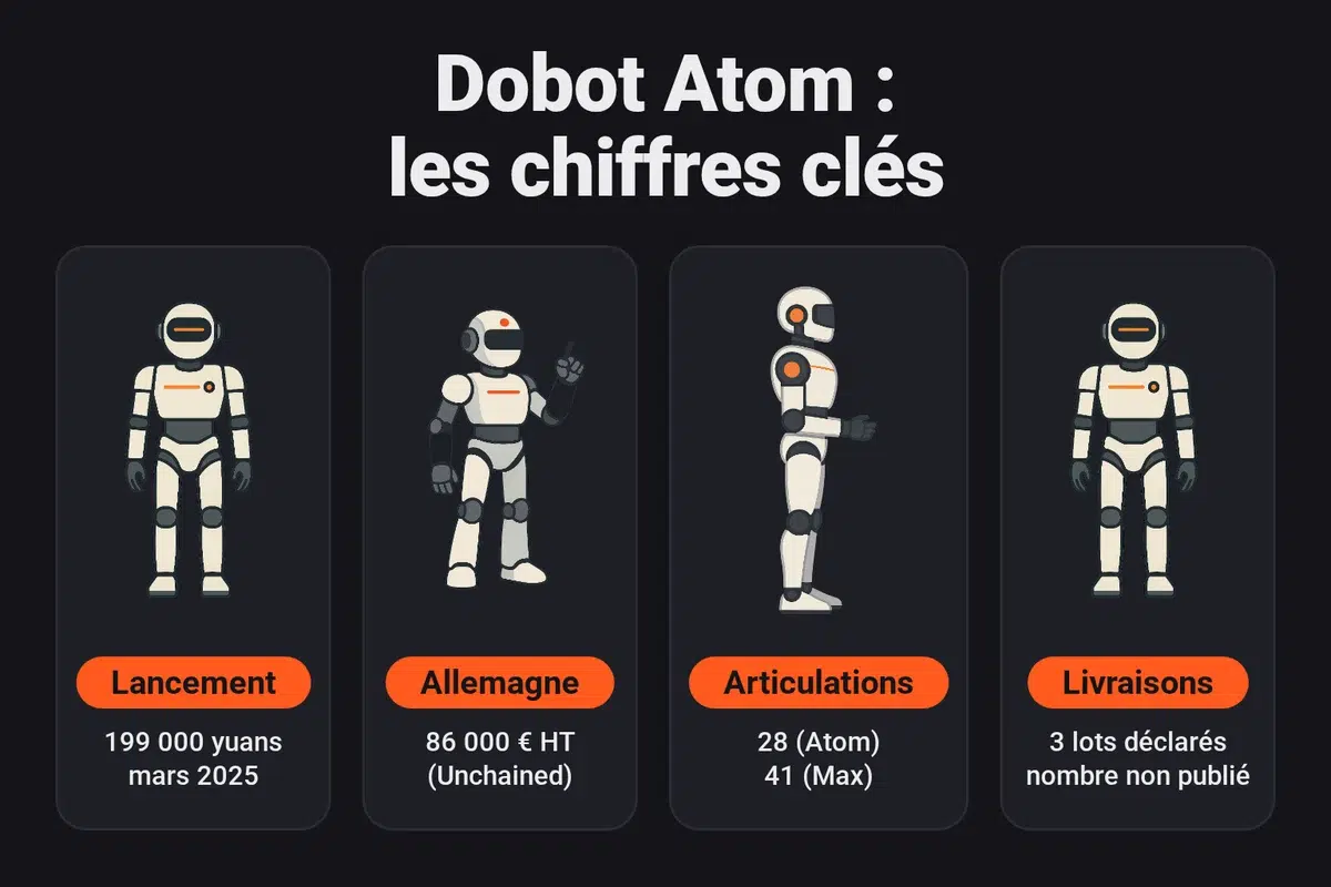 Chiffres clés du Dobot Atom : 199 000 yuans à l'annonce en mars 2025, 86 000 euros hors TVA chez le revendeur allemand Unchained Robotics, 28 degrés de liberté pour l'Atom de base et 41 pour le Max, trois lots livrés sans nombre d'unités publié
