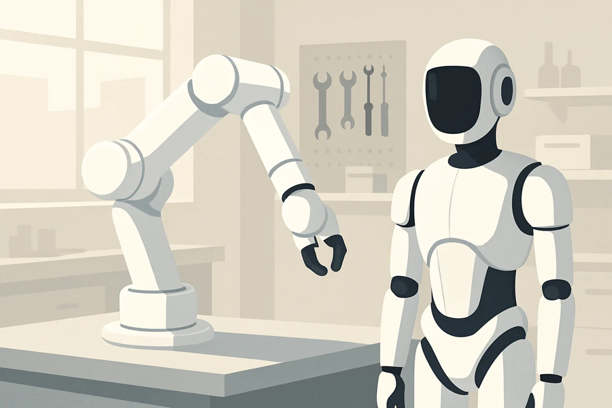 Illustration d'un bras robotique collaboratif blanc et d'un robot humanoïde générique dans un atelier lumineux