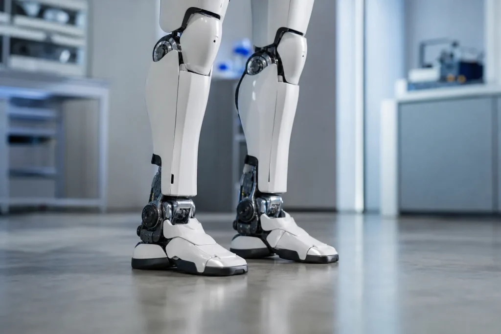 Illustration: articulated humanoid robot legs, linked to the Vision-Force-Action physical manipulation AI