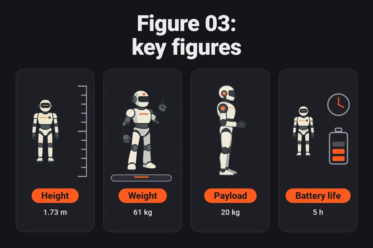 Infographic: the Figure 03 stands 1.73 m tall, weighs 61 kg, carries a 20 kg payload and has 5 hours of battery life according to Figure