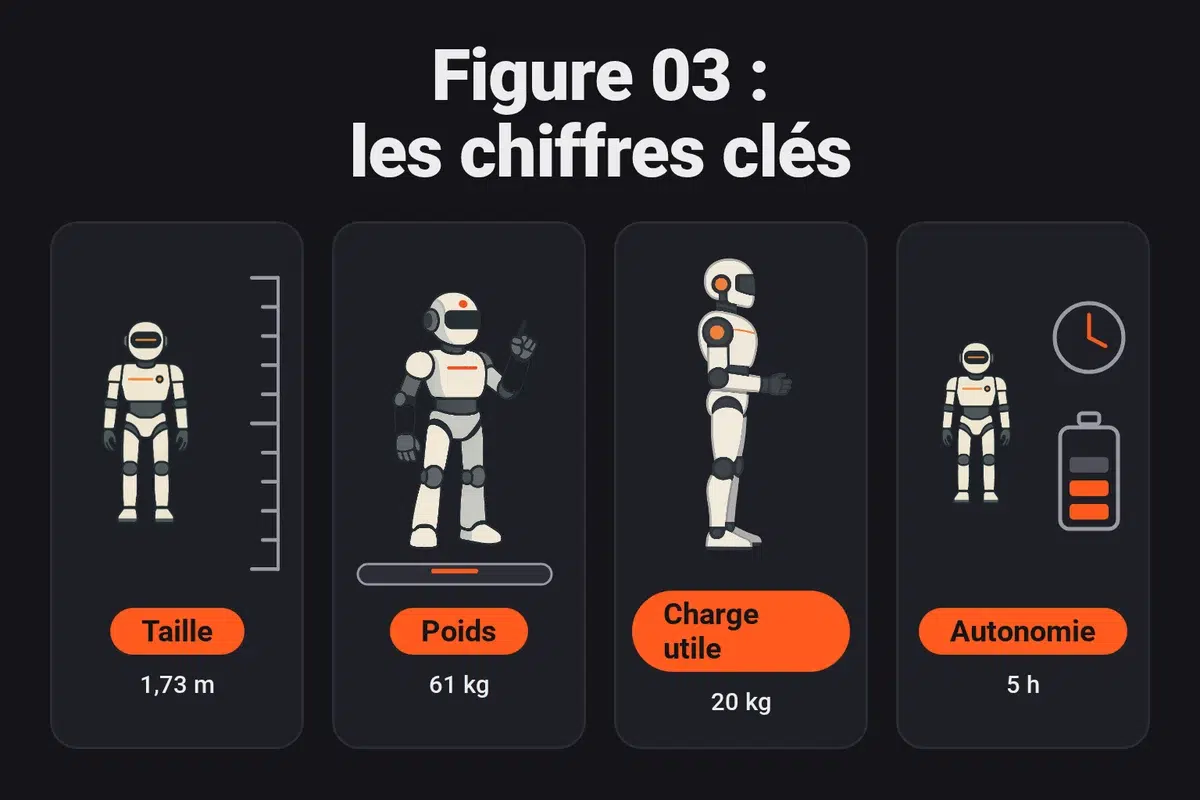Infographie : le Figure 03 mesure 1,73 m, pèse 61 kg, porte une charge utile de 20 kg et annonce 5 heures d'autonomie selon Figure