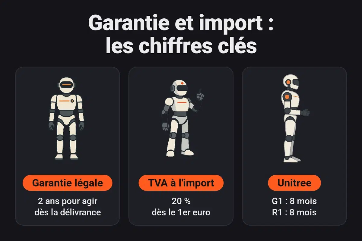 Garantie légale de conformité de 2 ans, TVA de 20 % exigible dès le premier euro à l'importation, garanties Unitree annoncées de 8 mois pour le G1 et le R1