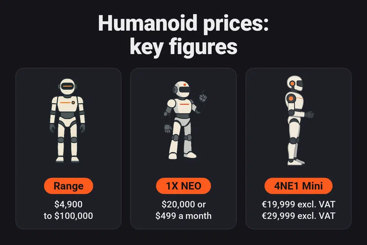 Publicly listed humanoid robot prices: from $4,900 to $100,000, 1X's NEO at $20,000 or $499 a month, Neura's 4NE1 Mini at €19,999 and €29,999 excl. VAT