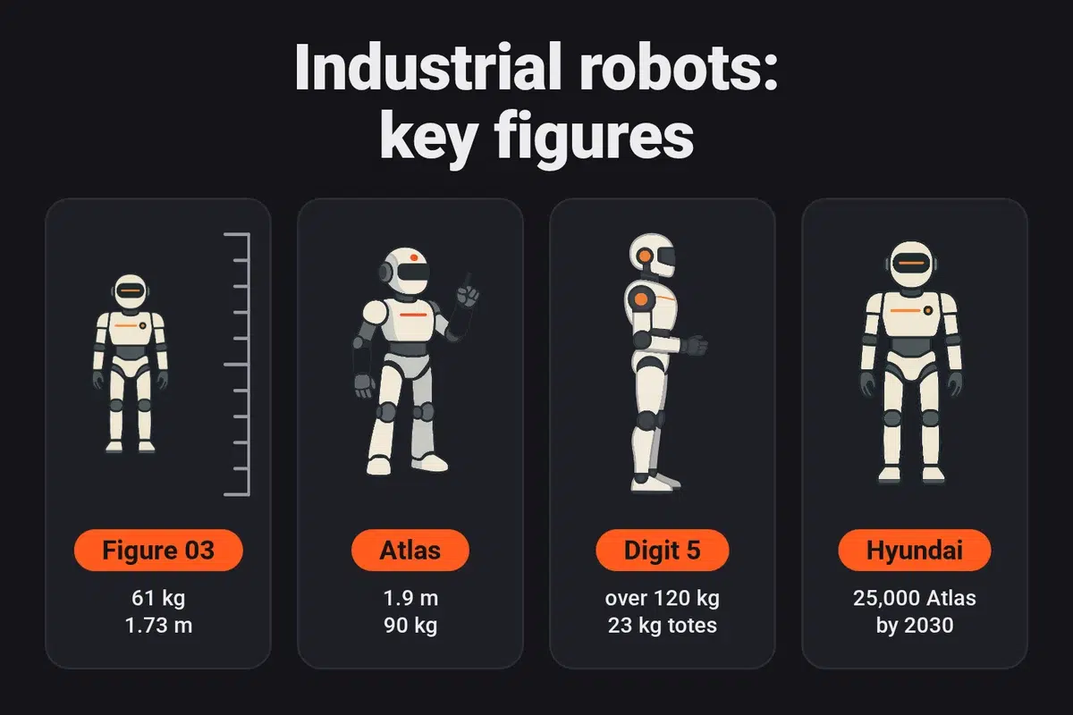 Industrial humanoid robots: Figure 03 (61 kg, 1.73 m), Atlas (1.9 m, 90 kg), Digit 5 (over 120 kg, 23 kg totes as a target) and 25,000 Atlas planned by Hyundai by 2030