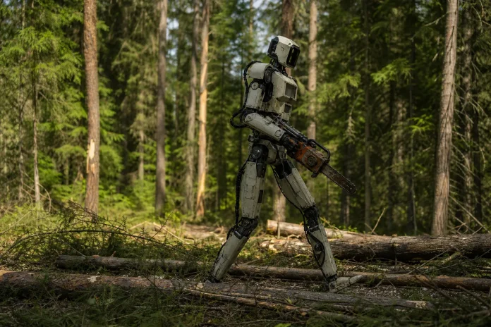 Kodama Systems holt 7 Millionen Dollar: Fernüberwachte Skidder bewegten laut Firma 100.000 Tonnen Holz in sechs Monaten Illustration: autonomer humanoider Roboter in unwegsamem Waldgelände, zum Thema Automatisierung von Forstmaschinen