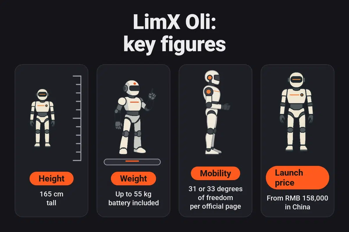 Key figures for the LimX Oli: 165 cm tall, up to 55 kg battery included, 31 or 33 degrees of freedom according to the official page, and a launch price starting from RMB 158,000 in China.