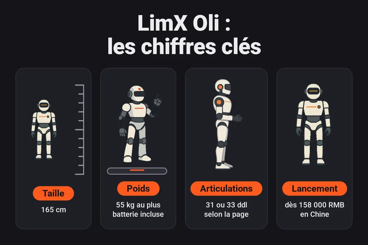 Chiffres clés du LimX Oli : 165 cm, 55 kg au plus batterie incluse, 31 ou 33 degrés de liberté selon la page officielle, et un prix de lancement à partir de 158 000 RMB en Chine