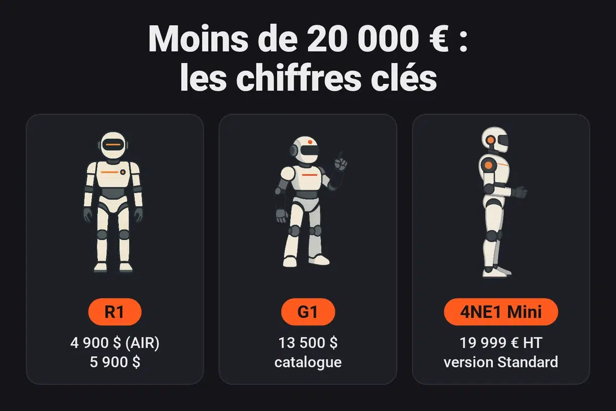 Humanoïdes sous 20 000 euros : Unitree R1 à 4 900 et 5 900 dollars, G1 à 13 500 dollars, Neura 4NE1 Mini Standard à 19 999 euros hors taxes