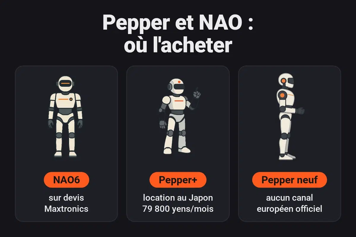 Où acheter Pepper ou NAO : NAO6 sur devis chez Maxtronics en France, Pepper+ en location au Japon à 79 800 yens par mois, aucun canal européen officiel pour un Pepper neuf