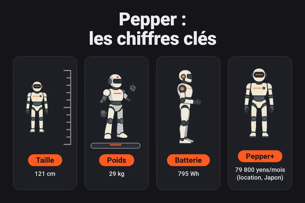 Chiffres clés de Pepper : 121 cm, 29 kg, batterie de 795 Wh, et Pepper+ proposé en location au Japon à 79 800 yens par mois