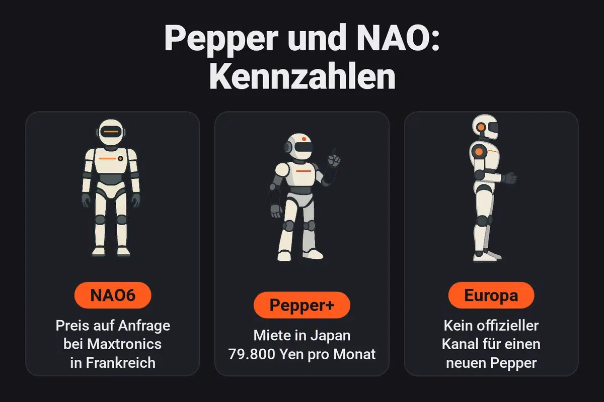 Infografik: Pepper oder NAO kann man so beziehen: den NAO6 auf Anfrage bei Maxtronics in Frankreich, Pepper+ zur Miete in Japan für 79.800 Yen pro Monat, während es keinen offiziellen europäischen Vertriebskanal für einen neuen Pepper gibt.