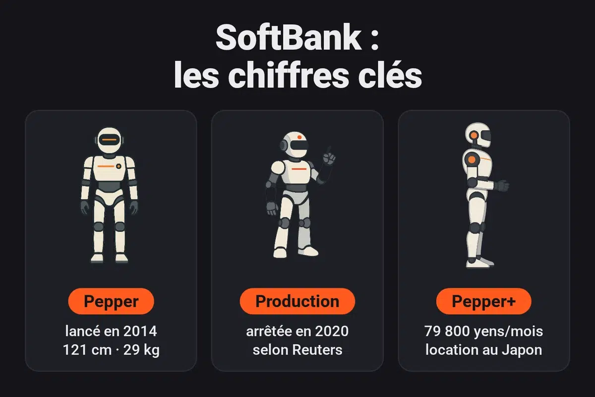Chiffres clés de SoftBank Robotics : Pepper lancé en 2014 (121 cm, 29 kg), production arrêtée en 2020 selon Reuters, Pepper+ en location au Japon à 79 800 yens par mois