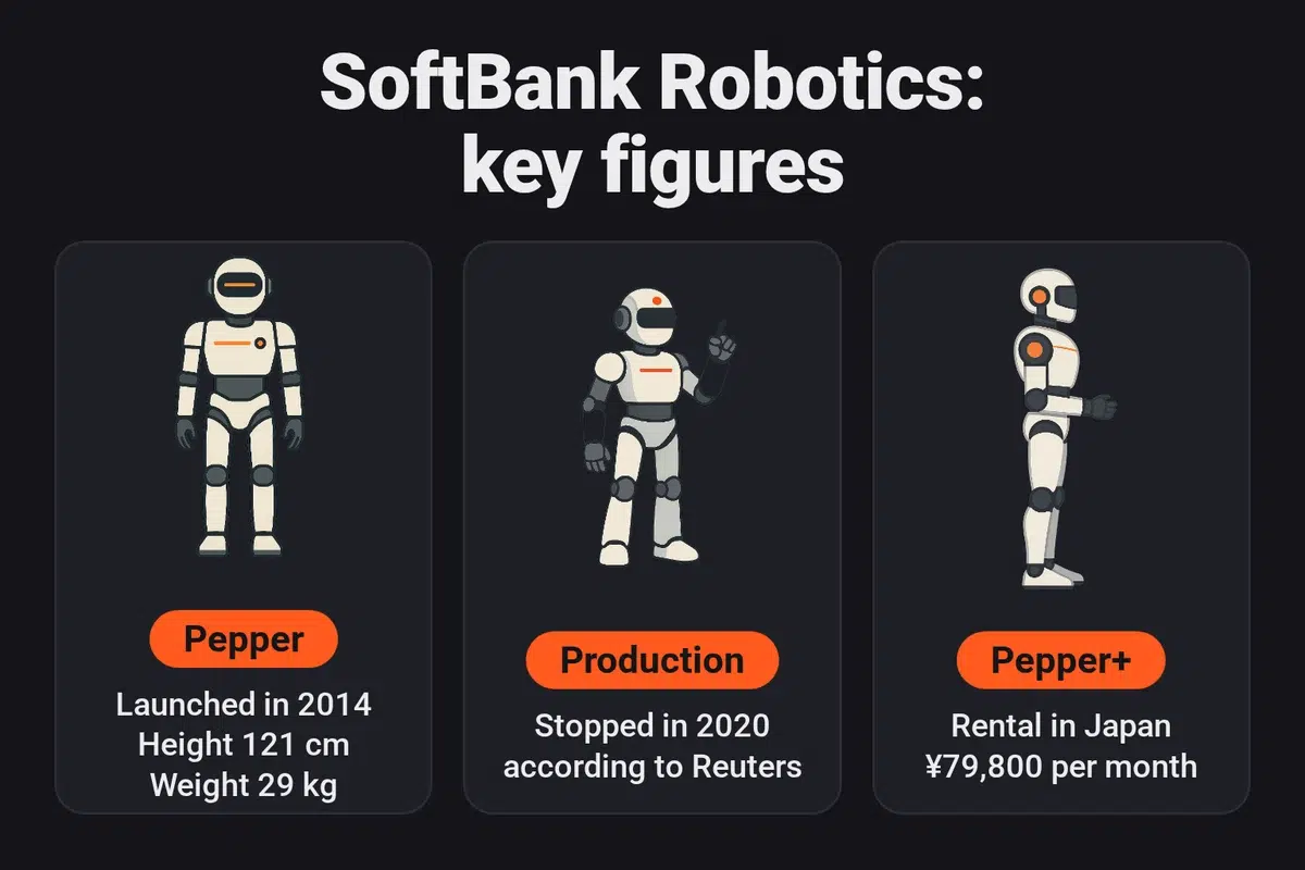 SoftBank Robotics key figures: Pepper launched in 2014, 121 cm tall and weighing 29 kg, production stopped in 2020 according to Reuters, and Pepper+ available for rental in Japan at ¥79,800 per month.