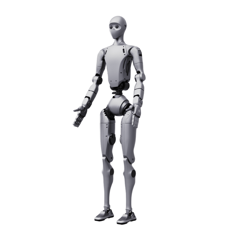 Robot humanoïde blanc debout en position frontale sur fond neutre