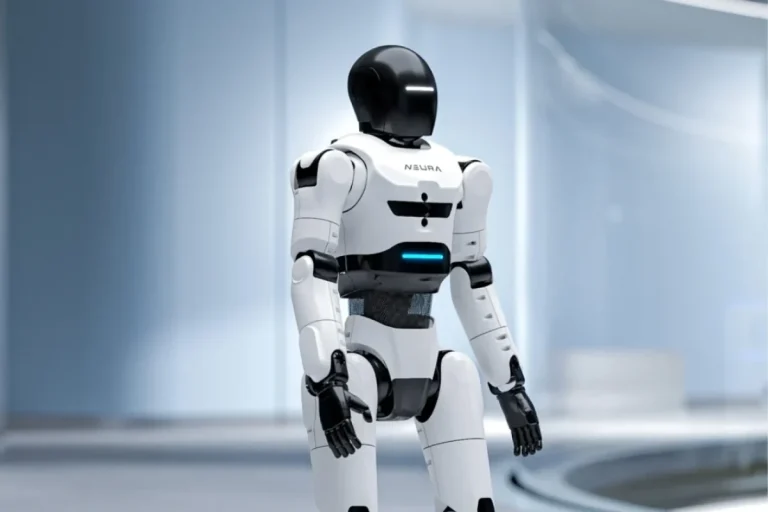 Robot humanoïde compact blanc avec écran facial debout sur fond sombre
