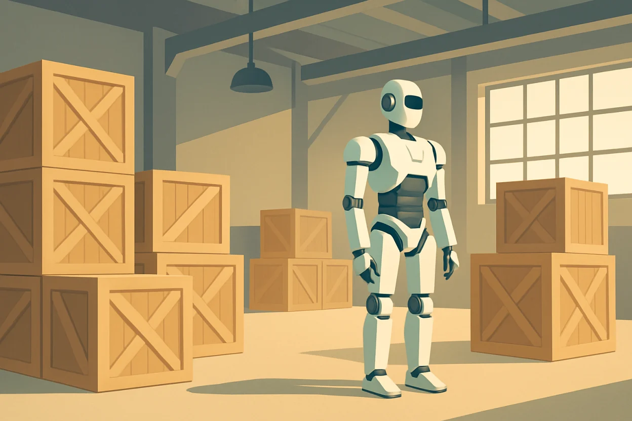 Illustration d'un robot humanoïde industriel générique à l'arrêt dans un entrepôt logistique lumineux