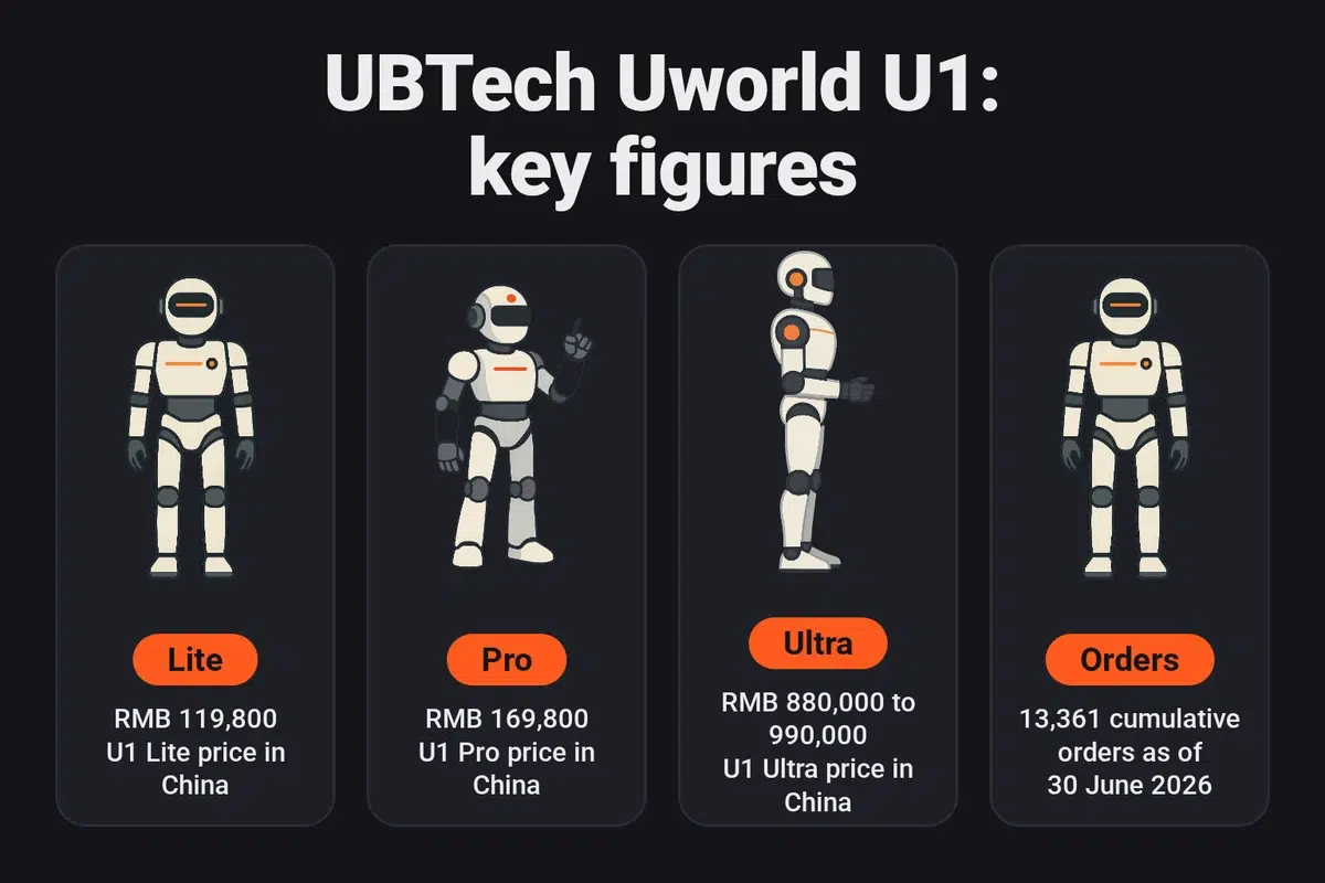 Prices of the three versions of UBTech's Uworld U1 in China are RMB 119,800 for the Lite, RMB 169,800 for the Pro and RMB 880,000 to 990,000 for the Ultra, with 13,361 cumulative orders as of 30 June 2026.