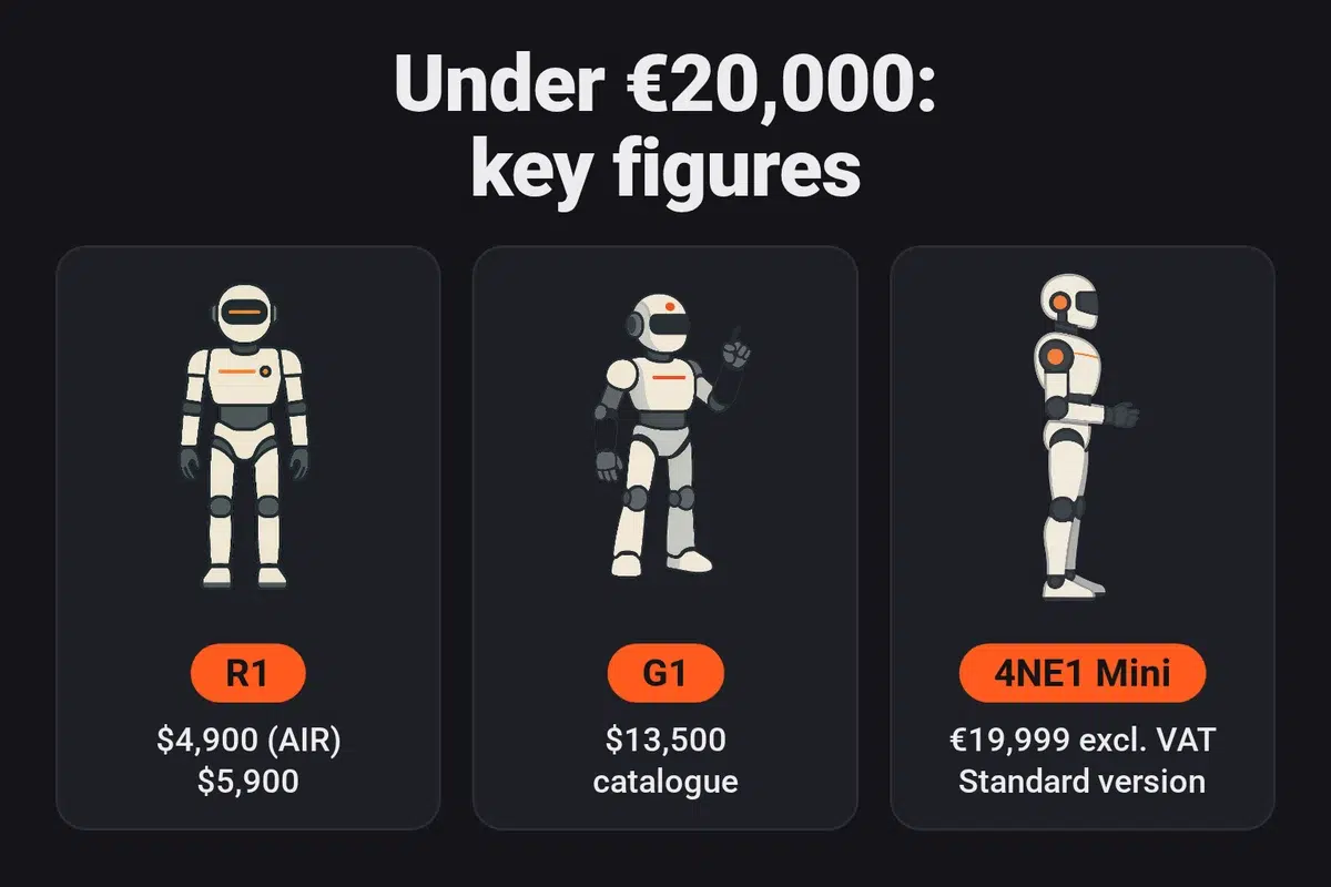 Humanoids under €20,000: Unitree R1 at $4,900 and $5,900, G1 at $13,500, Neura 4NE1 Mini Standard at €19,999 excl. VAT