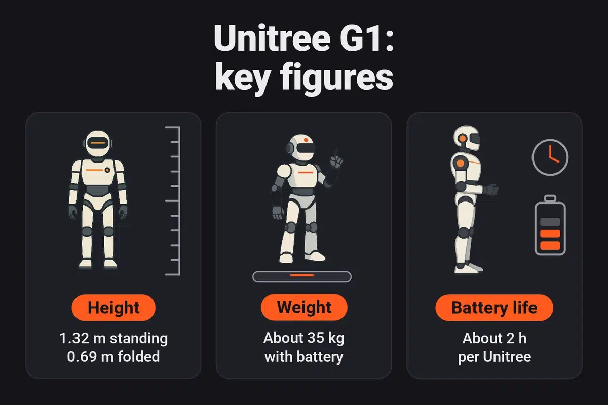 Infographic: the Unitree G1 stands 1.32 m tall and 0.69 m folded, weighs about 35 kg with its battery and has about 2 hours of battery life according to Unitree