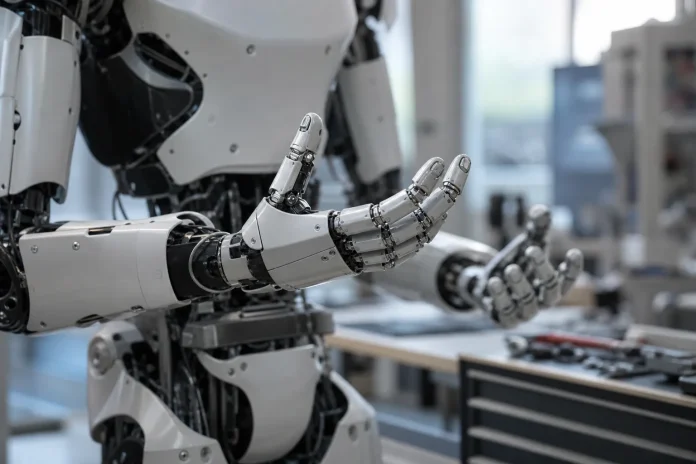 JD.com will über 100.000 Stellen für Roboterreparatur schaffen und dafür auch Zusteller umschulen Illustration: generischer Roboterarm hält Bauteile auf einer Werkbank, im Zusammenhang mit der Ausbildung von Ingenieuren für die Roboterreparatur