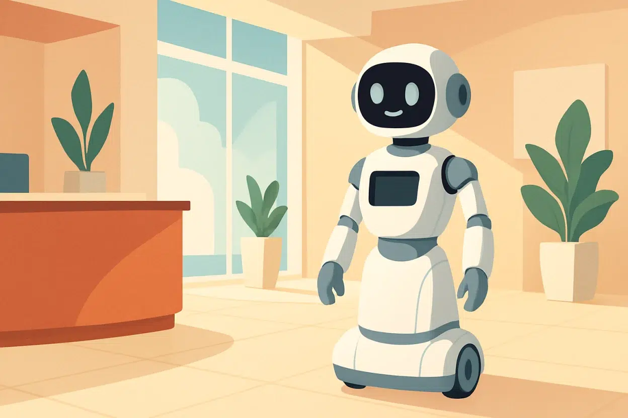 Illustration d'un petit robot humanoïde d'accueil générique dans un hall lumineux