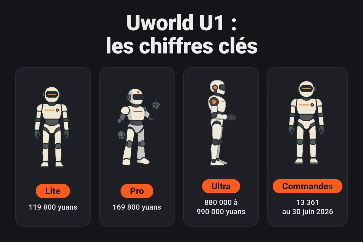 Prix des trois versions du Uworld U1 d'UBTech en Chine : Lite 119 800 yuans, Pro 169 800 yuans, Ultra de 880 000 à 990 000 yuans, et 13 361 commandes cumulées au 30 juin 2026